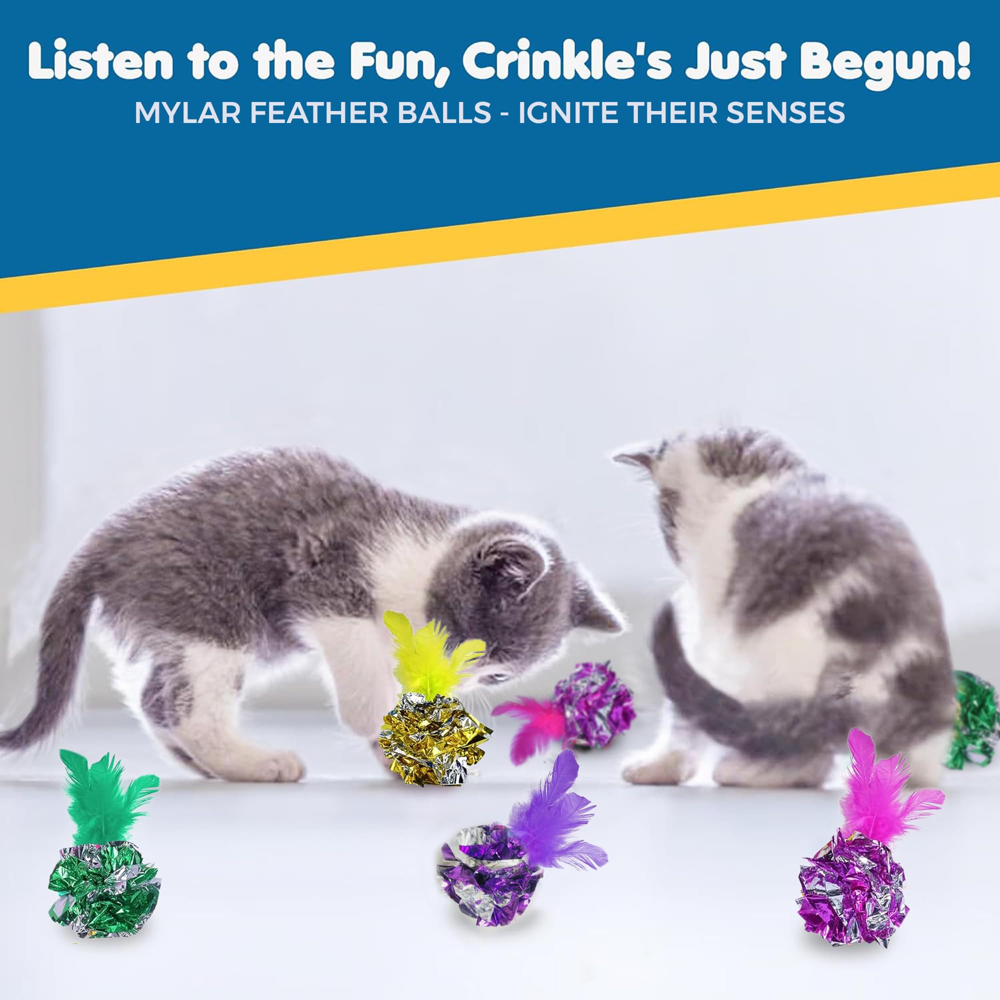 Sungrow Mylar Crinkle Balls With Feathers, 2.5-Inches, Shiny Stress Buster Crinkler, Suitable For Multiple Cats' Engagement, Ide